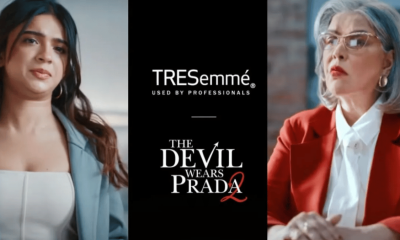 Campaign visual featuring Zeenat Aman and Apoorva Mukhija for TRESemmé, inspired by The Devil Wears Prada 2, showcasing contrasting hairstyles to represent generational fashion identities.