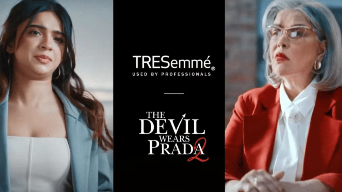 Campaign visual featuring Zeenat Aman and Apoorva Mukhija for TRESemmé, inspired by The Devil Wears Prada 2, showcasing contrasting hairstyles to represent generational fashion identities.