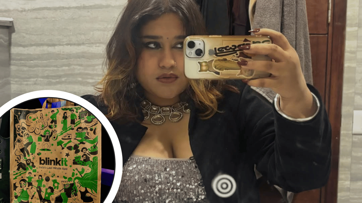 Kruty, a design creator at Blinkit, working on packaging design and transforming grocery bags into creative brand visuals, blending architecture and branding in her design process.