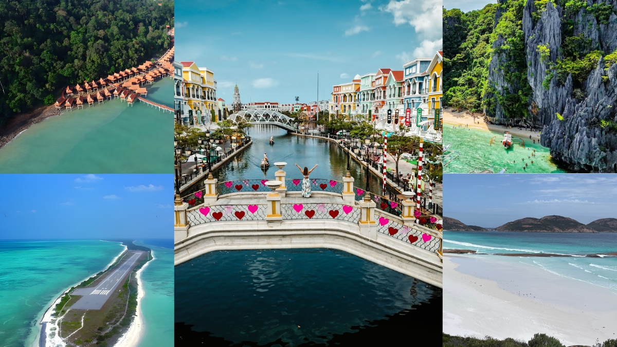 Top 5 trending holiday destinations for 2026 travel calendar with tropical beach background