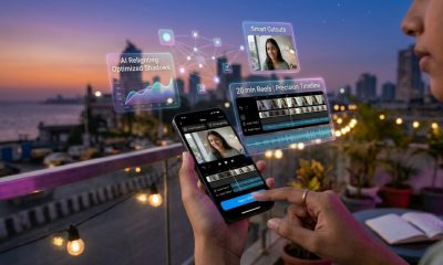 A young woman in Mumbai using the Instagram Edits app on her phone at sunset. Holographic interface panels float around the device, displaying features like "AI Relighting: Optimized Shadows," "Smart Cutouts," and a "20 min Reels Precision Timeline."
