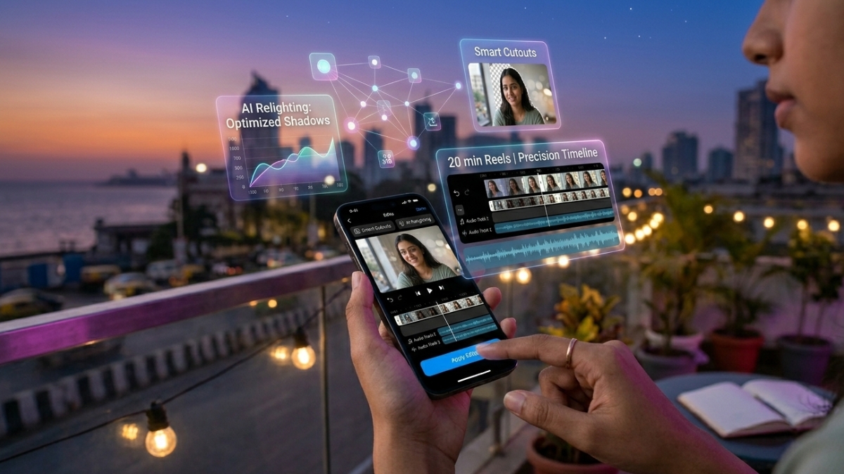 A young woman in Mumbai using the Instagram Edits app on her phone at sunset. Holographic interface panels float around the device, displaying features like "AI Relighting: Optimized Shadows," "Smart Cutouts," and a "20 min Reels Precision Timeline."
