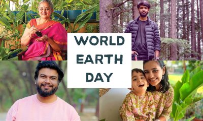 Collage-style visual featuring four Indian sustainability creators, Vani Murthy composting in an urban balcony setup, Aakash Ranison traveling with a backpack, Anuj Ramatri showcasing eco-innovations, and Sonika Bhasin demonstrating zero-waste household practices representing Earth Day conscious living.