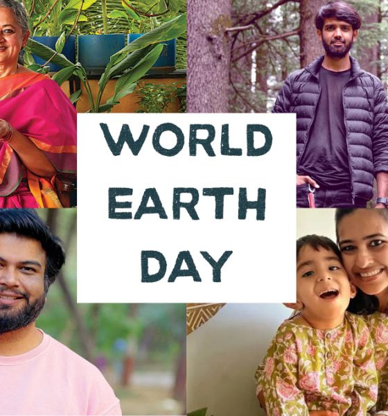 Collage-style visual featuring four Indian sustainability creators, Vani Murthy composting in an urban balcony setup, Aakash Ranison traveling with a backpack, Anuj Ramatri showcasing eco-innovations, and Sonika Bhasin demonstrating zero-waste household practices representing Earth Day conscious living.