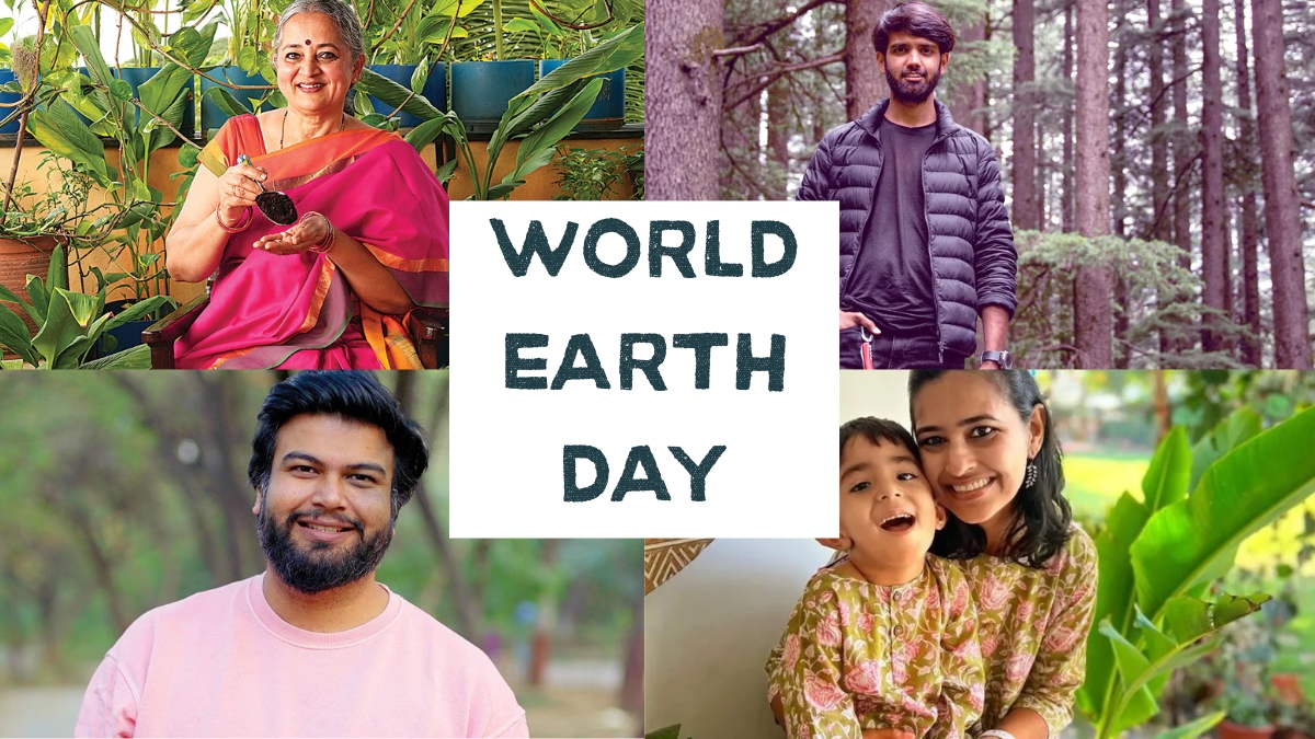 Collage-style visual featuring four Indian sustainability creators, Vani Murthy composting in an urban balcony setup, Aakash Ranison traveling with a backpack, Anuj Ramatri showcasing eco-innovations, and Sonika Bhasin demonstrating zero-waste household practices representing Earth Day conscious living.