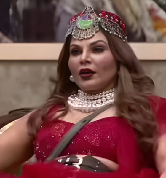 Indian reality TV personalities Rakhi Sawant and Raqesh Bapat during a Bigg Boss Marathi interaction, highlighting ongoing speculation about a possible romance between the two.
