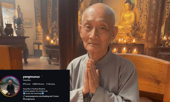 A digitally created Buddhist monk named Yang Mun, depicted in serene meditation, representing an AI-generated influencer with millions of followers.