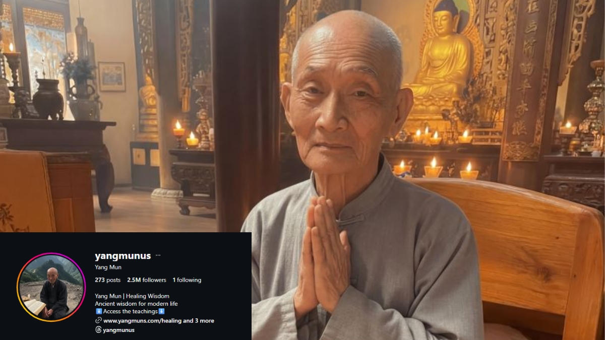A digitally created Buddhist monk named Yang Mun, depicted in serene meditation, representing an AI-generated influencer with millions of followers.
