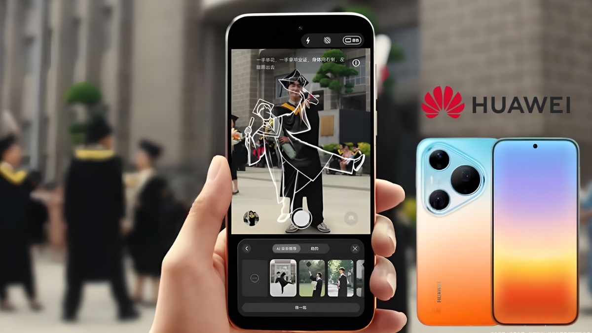 Smartphone camera interface showing an AI-generated pose outline guiding a user to position themselves correctly for a well-composed photo in a real-world setting.