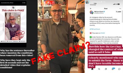 Screenshots showing a PIB Fact Check post labelling a viral video by Sarthak Ahuja as “fake” regarding income tax clearance rules.