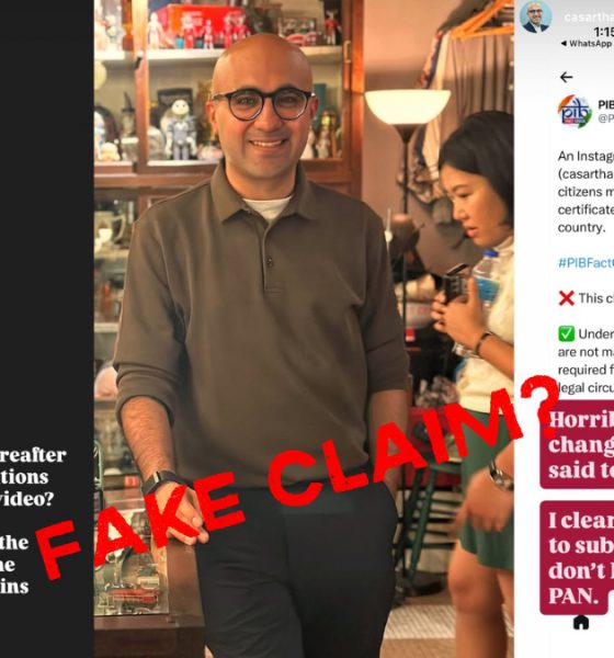 Screenshots showing a PIB Fact Check post labelling a viral video by Sarthak Ahuja as “fake” regarding income tax clearance rules.
