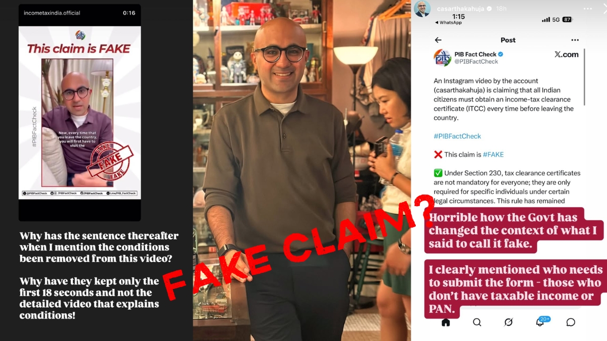 Screenshots showing a PIB Fact Check post labelling a viral video by Sarthak Ahuja as “fake” regarding income tax clearance rules.