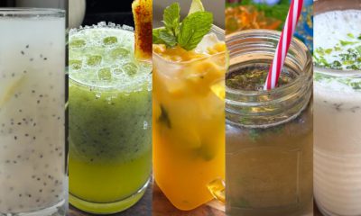 The image features a numbered list including Shikanji, Coconut Cooler, Mattha, Mango Mojito, and Kacche Aam ka Sharbat, decorated with illustrations of lemon slices, mint leaves, and mangoes.