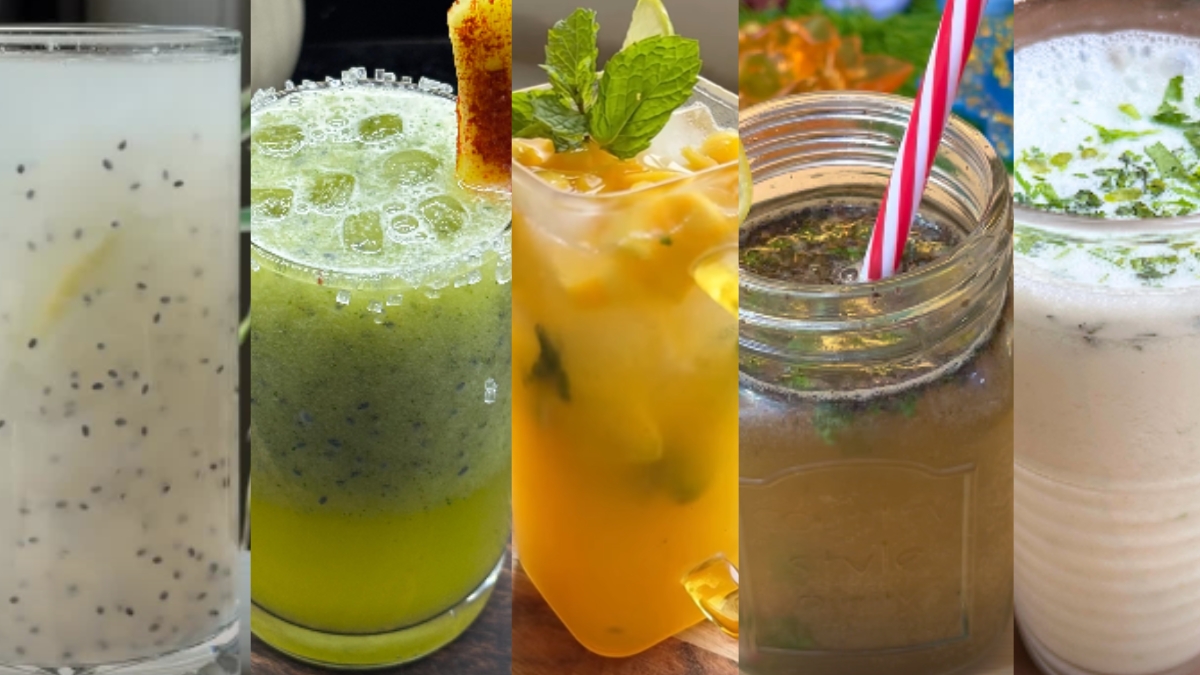 The image features a numbered list including Shikanji, Coconut Cooler, Mattha, Mango Mojito, and Kacche Aam ka Sharbat, decorated with illustrations of lemon slices, mint leaves, and mangoes.