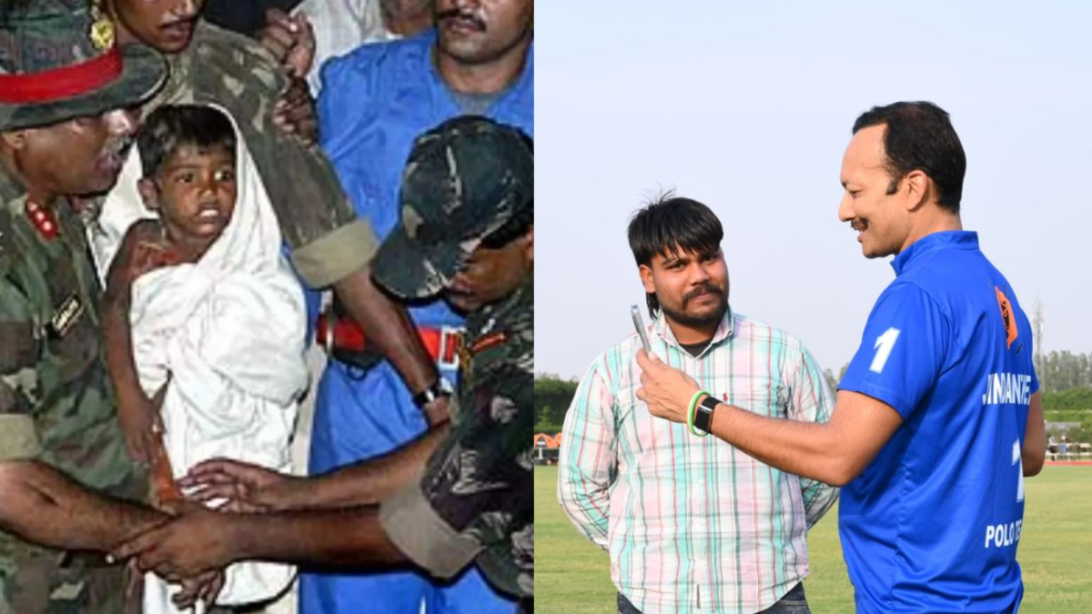 Prince Kumar, once rescued as a child from a 60-foot borewell in Kurukshetra, now grown up at 24, seen meeting MP Naveen Jindal at a polo ground, symbolising survival and resilience.