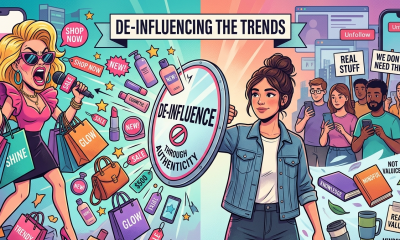 A conceptual illustration of modern influencer culture showing a content creator rejecting or advising against buying products, representing the rise of de-influencing and consumer skepticism toward sponsored content.