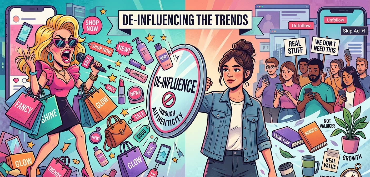 A conceptual illustration of modern influencer culture showing a content creator rejecting or advising against buying products, representing the rise of de-influencing and consumer skepticism toward sponsored content.