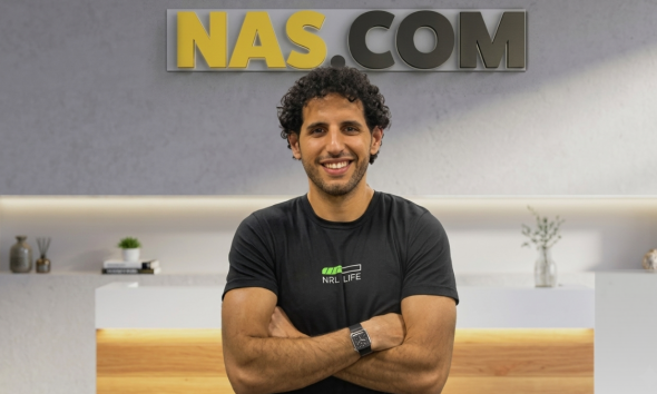 Promotional visual for Nas.com funding announcement showing AI-driven entrepreneurship concept, featuring digital business tools, solopreneur workflow automation, and references to founder Nuseir Yassin and $27M Series A investment led by Vinod Khosla of Khosla Ventures.