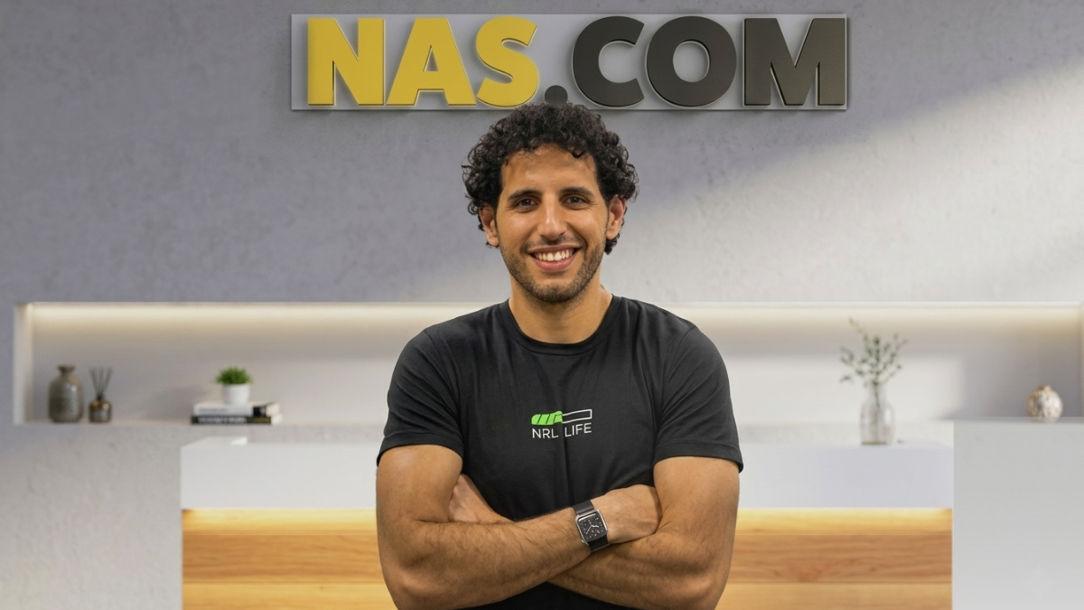 Promotional visual for Nas.com funding announcement showing AI-driven entrepreneurship concept, featuring digital business tools, solopreneur workflow automation, and references to founder Nuseir Yassin and $27M Series A investment led by Vinod Khosla of Khosla Ventures.