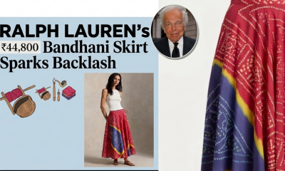 Promotional visual of Ralph Lauren Bandhani-inspired skirt featuring traditional Indian textile patterns, highlighting luxury fashion design priced at ₹44,800, alongside cultural imagery referencing Indian tie-dye craftsmanship.