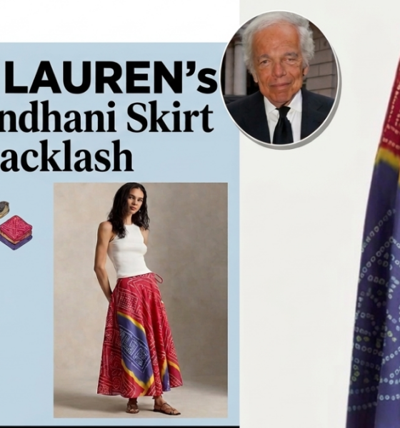 Promotional visual of Ralph Lauren Bandhani-inspired skirt featuring traditional Indian textile patterns, highlighting luxury fashion design priced at ₹44,800, alongside cultural imagery referencing Indian tie-dye craftsmanship.