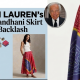 Promotional visual of Ralph Lauren Bandhani-inspired skirt featuring traditional Indian textile patterns, highlighting luxury fashion design priced at ₹44,800, alongside cultural imagery referencing Indian tie-dye craftsmanship.
