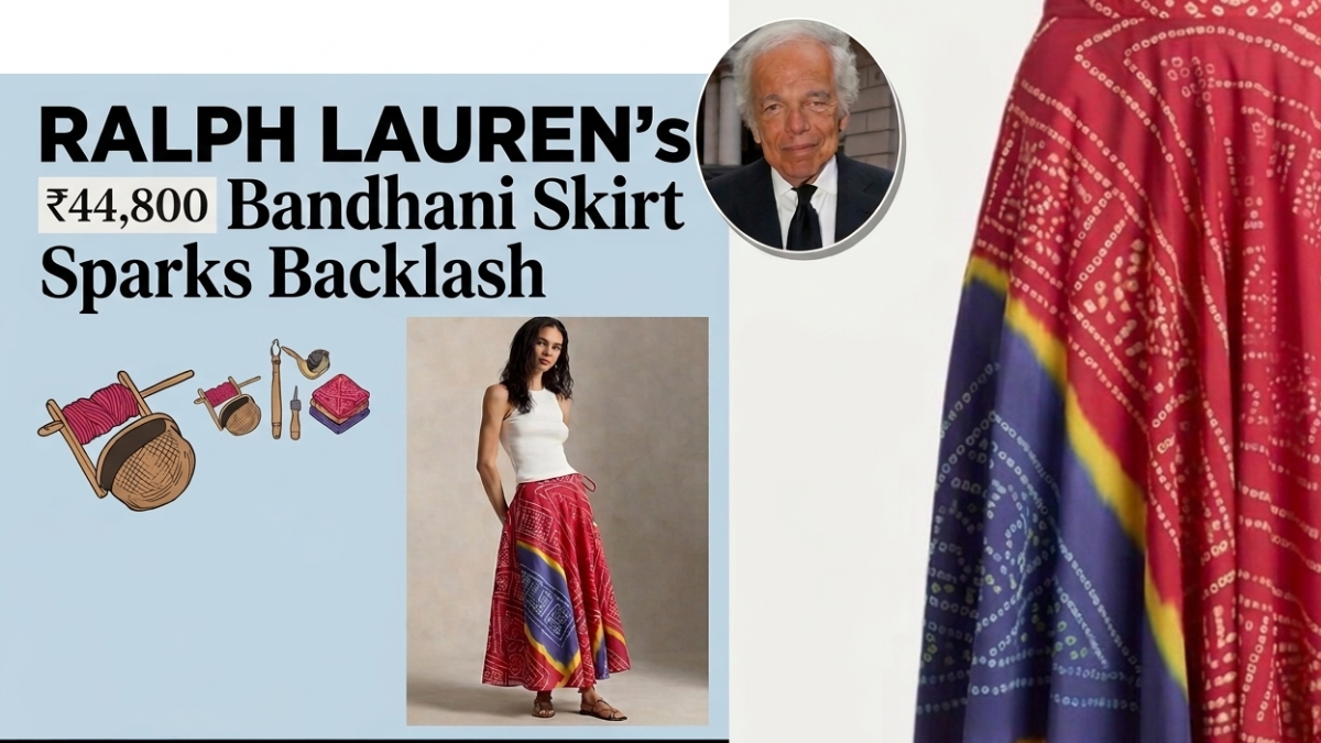 Promotional visual of Ralph Lauren Bandhani-inspired skirt featuring traditional Indian textile patterns, highlighting luxury fashion design priced at ₹44,800, alongside cultural imagery referencing Indian tie-dye craftsmanship.