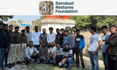 Restoration work on an ancient Hindu temple in India, with artisans and workers repairing stone structures as part of Ramdoot Restores’ initiative to revive 108 historic temples.