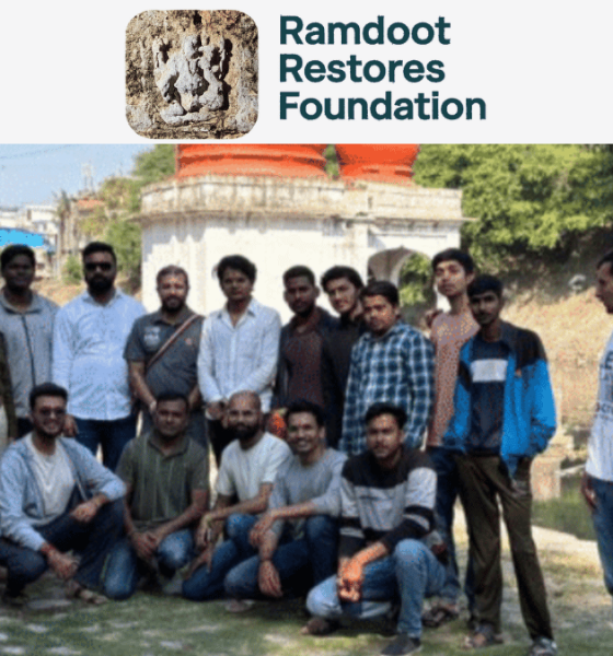 Restoration work on an ancient Hindu temple in India, with artisans and workers repairing stone structures as part of Ramdoot Restores’ initiative to revive 108 historic temples.