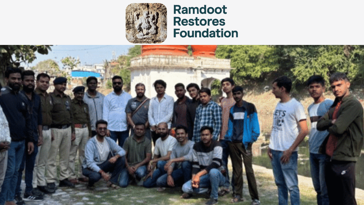 Restoration work on an ancient Hindu temple in India, with artisans and workers repairing stone structures as part of Ramdoot Restores’ initiative to revive 108 historic temples.