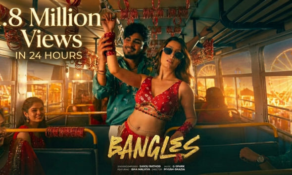 Promotional visual of Sanju Rathod’s new song Bangles featuring vibrant, high-energy styling with co-star Isha Malviya, highlighting a colorful, festive aesthetic and music video stills designed for digital virality.