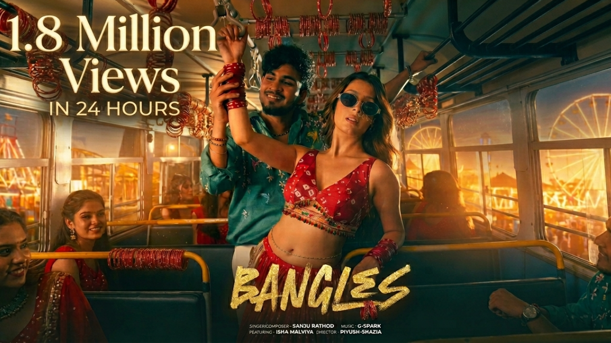 Promotional visual of Sanju Rathod’s new song Bangles featuring vibrant, high-energy styling with co-star Isha Malviya, highlighting a colorful, festive aesthetic and music video stills designed for digital virality.