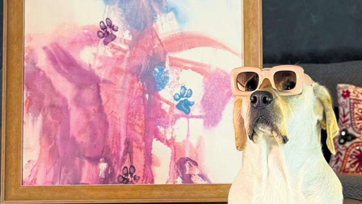 Dali, a rescued Labrador from Hyderabad, holding a brush in her mouth while creating abstract watercolour paintings on canvas.